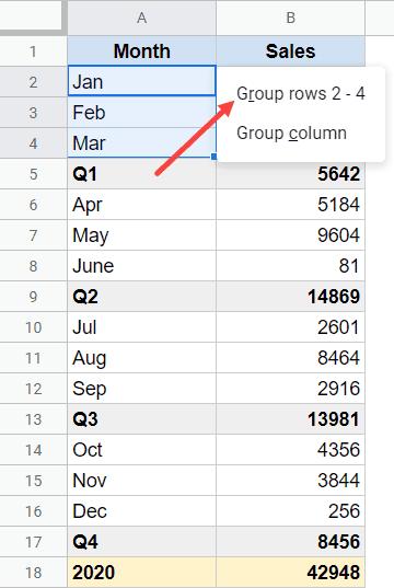 Hướng dẫn cách nhóm các hàng và cột trong Google Sheets